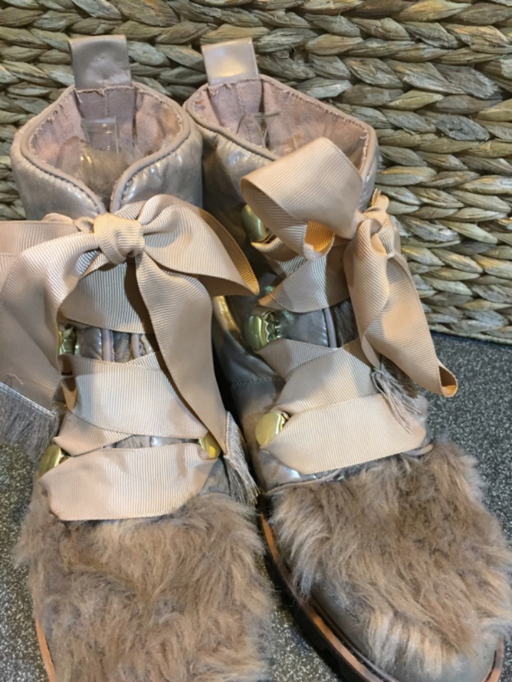 Kelsi Dagger Taupe Faux Fur Ribbon Ankle Booties - Picture 6 of 14